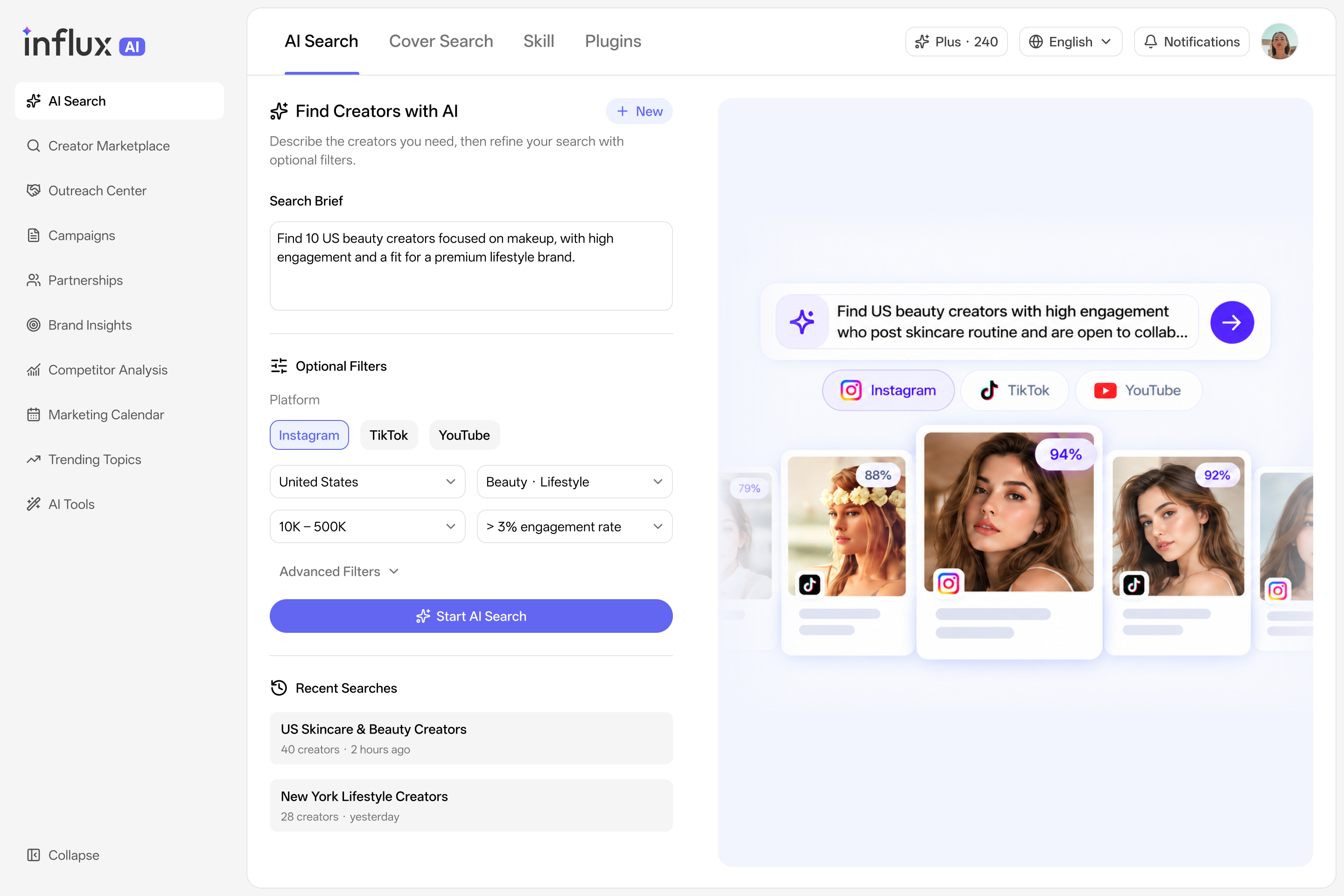 Find creators with a brief and optional filters