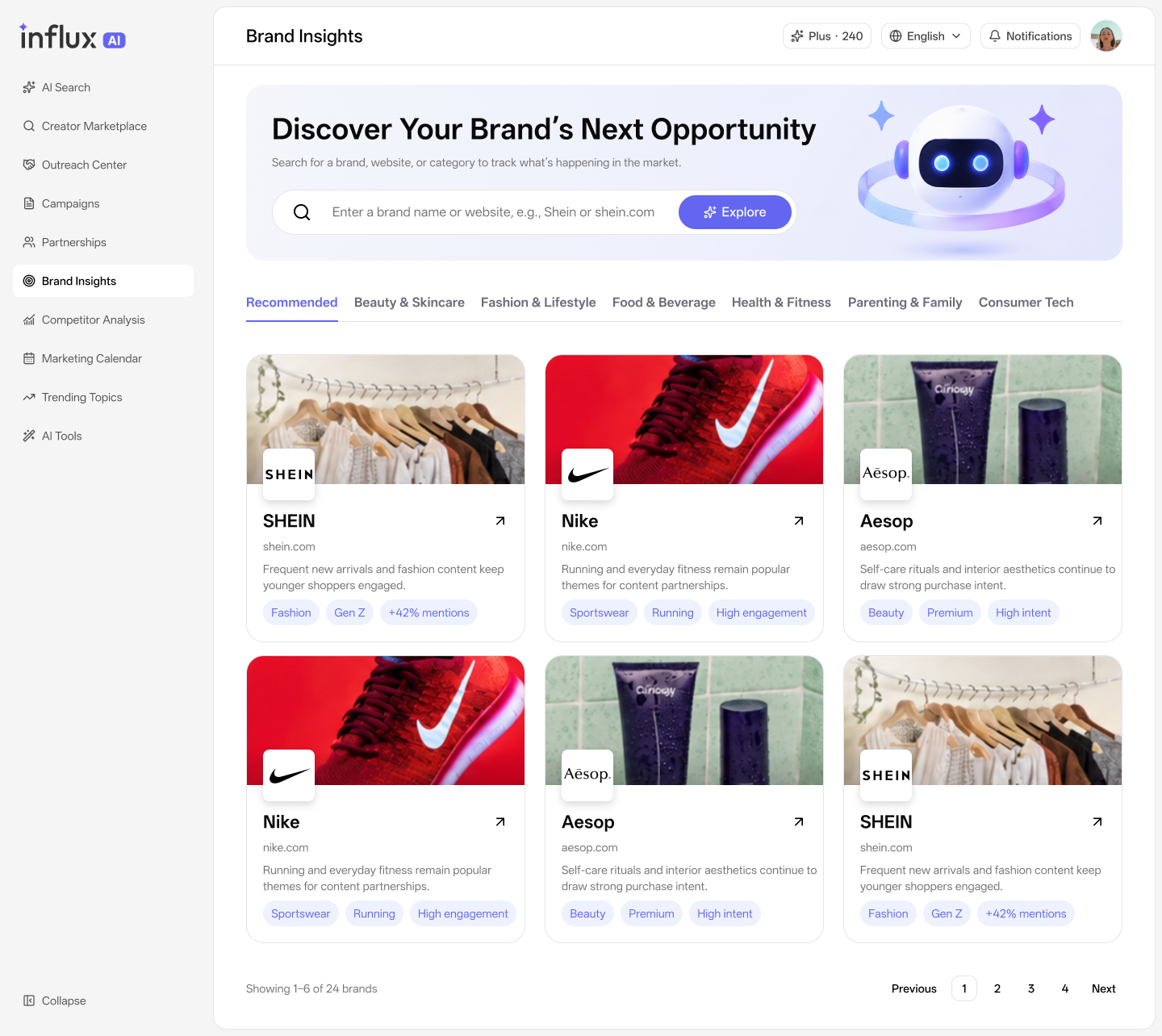 Brand insights with brand search and category exploration